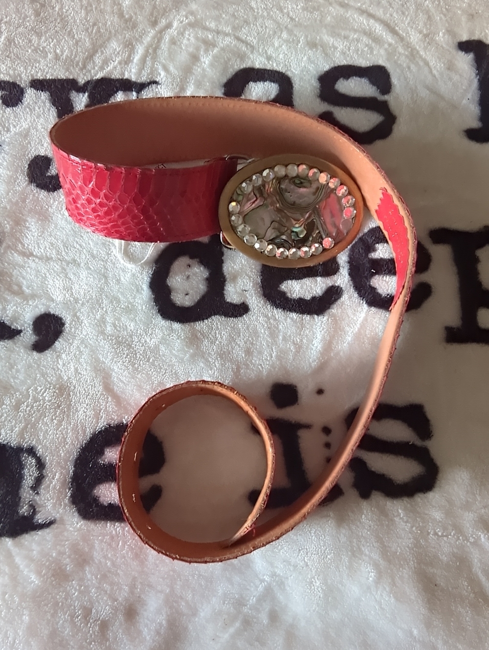 Red Snakeskin-Texture Leather Belt with Crystal Oval Buckle